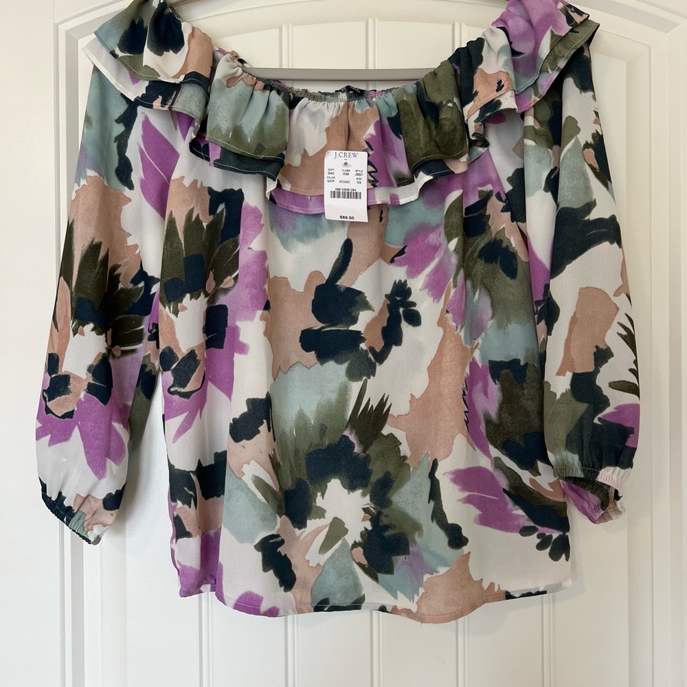 NWT J.Crew Floral Printed Off The Shoulder Ruffle Blouse Sz XS - Picture 2 of 11